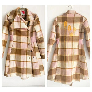 GSUS Plaid Creme Beige Pink Plaid Embroidered Wool Blend Coat XS
